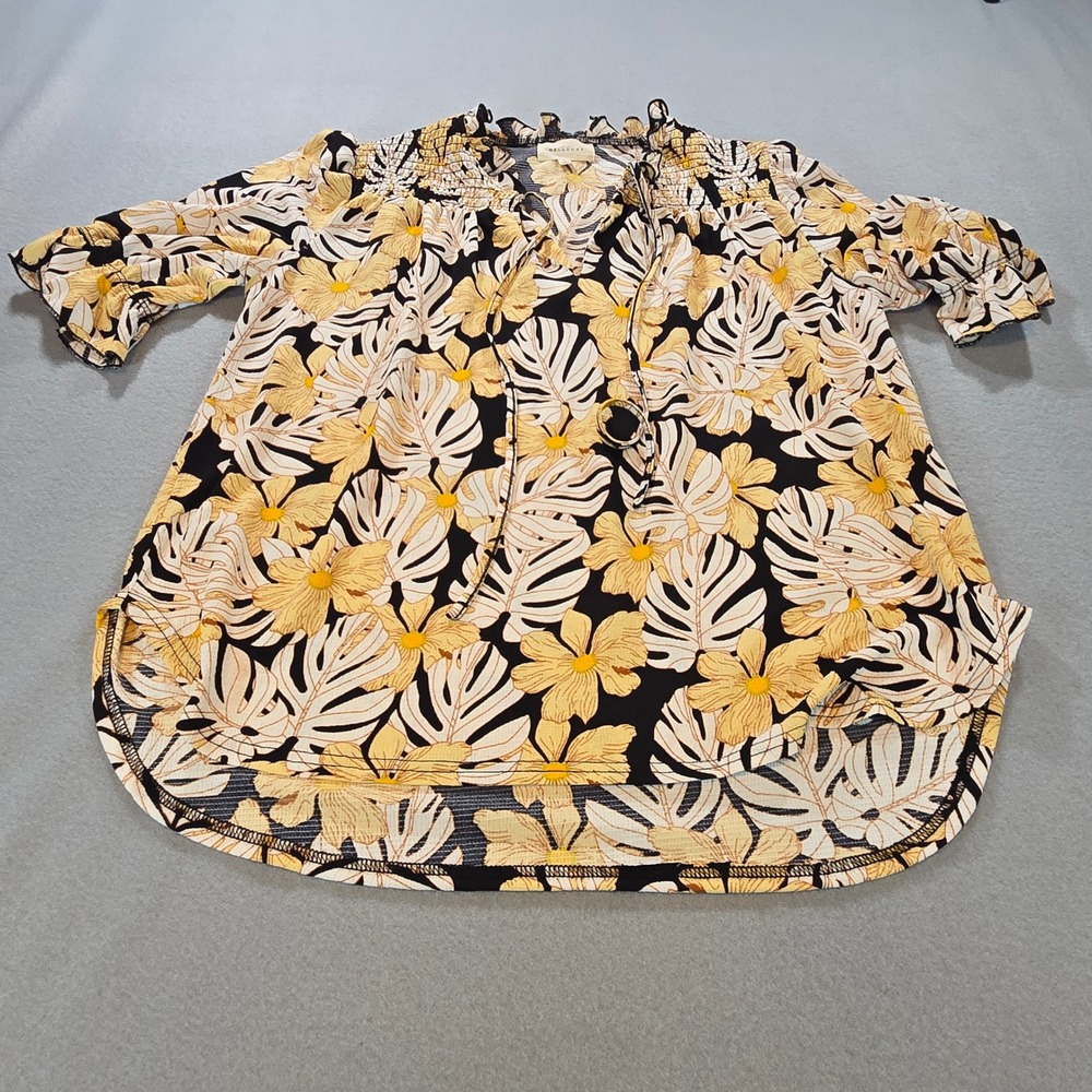 Melloday Blouse Womens Small Black Yellow Tropical Floral Smocked Tie Neck